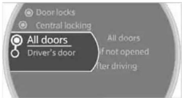 Door locks Central locking All doors Driver's door All doors if not opened after driving