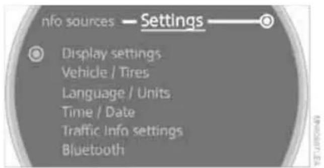 info sources — Settings Display settings Vehicle / Tires Language / Units Time / Date Traffic Info settings Bluetooth