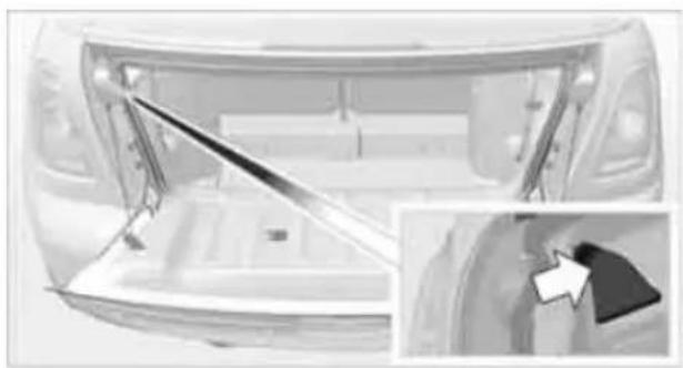 Interior view of a car trunk with visible structural components and a close-up inset showing a detail (no text or symbols)