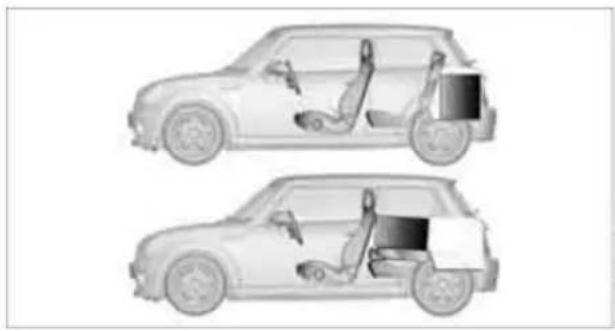 Two side-by-side illustrations of a car showing internal components and seatbelt (no text or symbols)