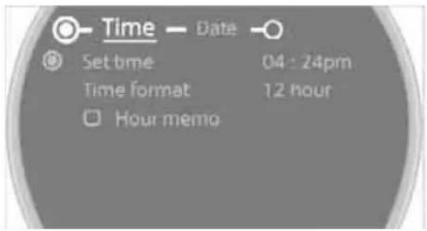 Time — Date Set time 04 : 24pm Time format 12 hour Hour memo