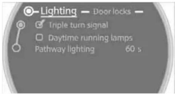 Lighting — Door locks — Triple turn signal Daytime running lamps Pathway lighting 60 s