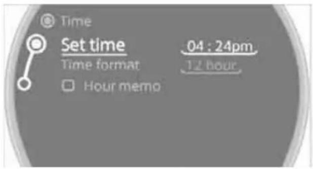Time Set time 04 : 24pm Time format 12 hour Hour memo
