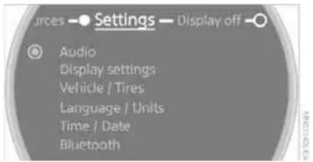 Settings Audio Display settings Vehicle / Tires Language / Units Time / Date Bluetooth