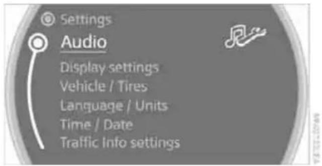 Settings Audio Display settings Vehicle / Tires Language / Units Time / Date Traffic Info settings