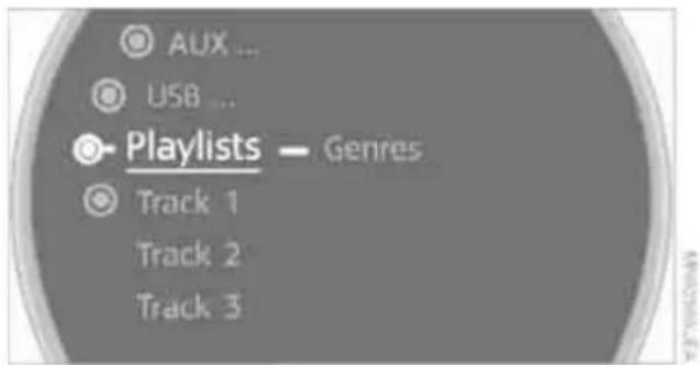 AUX ... USB ... Playlists — Genres Track 1 Track 2 Track 3