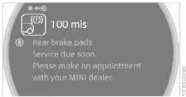 100 mls Rear brake pads Service due soon. Please make an appointment with your MINI dealer.