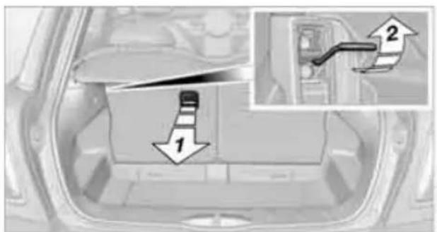Diagram showing a vehicle interior with labeled parts and directional arrows, including numbered annotations 1 and 2.