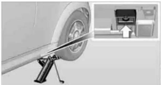 Mechanical testing setup showing a wheel mounted on a tripod with a magnified inset of a device (no visible text or symbols)