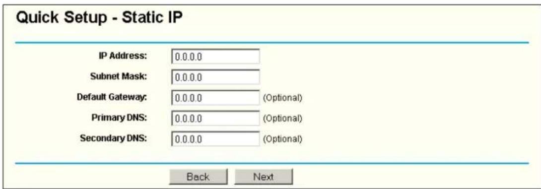 Quick Setup - Static IP IP Address: 0.0.0.0 Subnet Mask: 0.0.0.0 Default Gateway: 0.0.0.0 (Optional) Primary DNS: 0.0.0.0 (Optional) Secondary DNS: 0.0.0.0 (Optional) Back Next