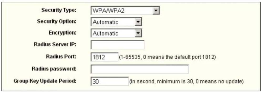 Security Type: WPA/WPA2 Security Option: Automatic Encryption: Automatic Radius Server IP: Radius Port: 1812 (1-65535, 0 means the default port 1812) Radius password: Group Key Update Period: 30 (in second, minimum is 30, 0 means no update)