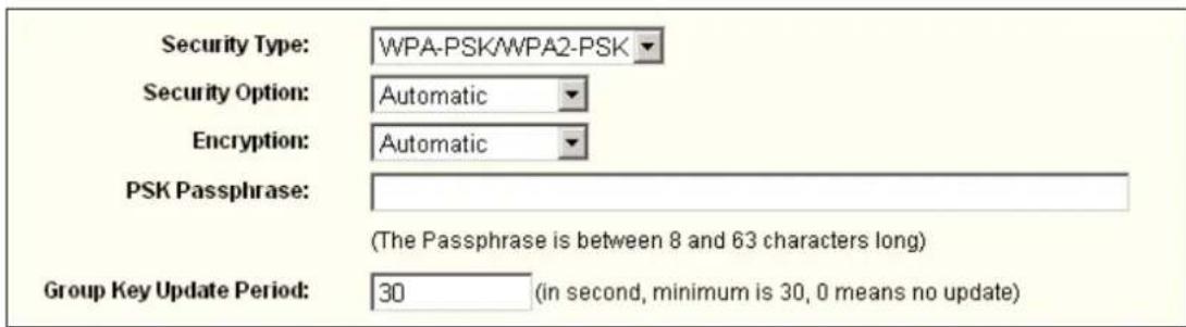 Security Type: WPA-PSK/WPA2-PSK Security Option: Automatic Encryption: Automatic PSK Passphrase: (The Passphrase is between 8 and 63 characters long) Group Key Update Period: 30 (in second, minimum is 30, 0 means no update)