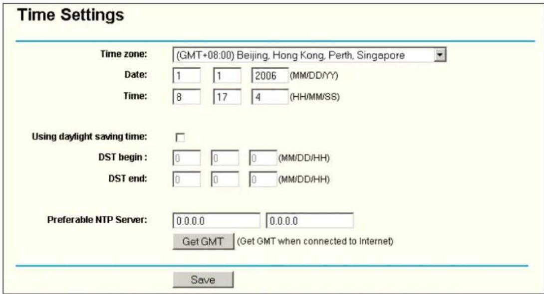 Time Settings Time zone: (GMT+08:00) Beijing, Hong Kong, Perth, Singapore Date: 1 1 2006 (MM/DD/YY) Time: 8 17 4 (HH/MM/SS) Using daylight saving time: DST begin : 0 0 0 (MM/DD/HH) DST end: 0 0 0 (MM/DD/HH) Preferable NTP Server: 0.0.0.0 0.0.0.0 Get GMT (Get GMT when connected to Internet) Save