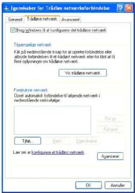 Egenskaber for Trädlas netværksforbindelse Generet Trädlasne netværk Avanceret ✓ Brug Windows til at konfigurere det trädlasne netværk Tigengelige netværk Kik på nedenstående knap for at oprette forbindelse eller abride forbindelsen til et trädlasne netværk eller for blot at få flere oplyninger om trädlasne netværk. Vis trädlasne netværk Foretrukre netværk Doret autonalsk forbindelse til fölgende netværk i nedenstående rækkefølge: Flyt.oo Fytred Tjfla... Den Egenskaber Lær om at konfigurere et trädlasne netværk Avanceret OK Annulier