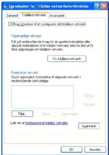 Egenskaber for Trådlæs netverksforbindelse Generet Trådlæse netveek | Avanceret ✓ Brug Windows til at konliguere det trådlæse netveerk Tigængelige netveerk Kik på nedenstående knap for at opette forbindelse eller abbråde forbindelsen til et trådlæst netveerk eller for blot at få flere oplynninger om trådlæse netveerk. Vis trådlæse netveerk Forejtrukne netveerk. Opret automatisk forbindelse til latgende netveerk i nedenstående rækkefølge: Flyt og Flyt ged Tjflot... Born Engelskaber Lær om at konliguere et trådlæst netveerk Ayancere! OK Annuller