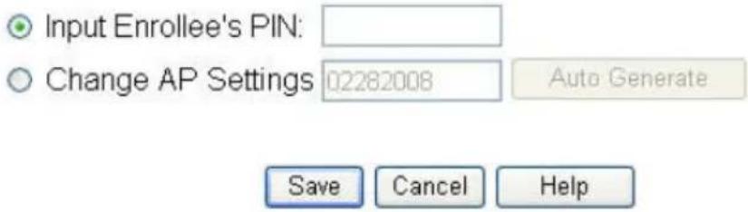 Input Enrollee's PIN: Change AP Settings 02282008 Auto Generate Save Cancel Help
