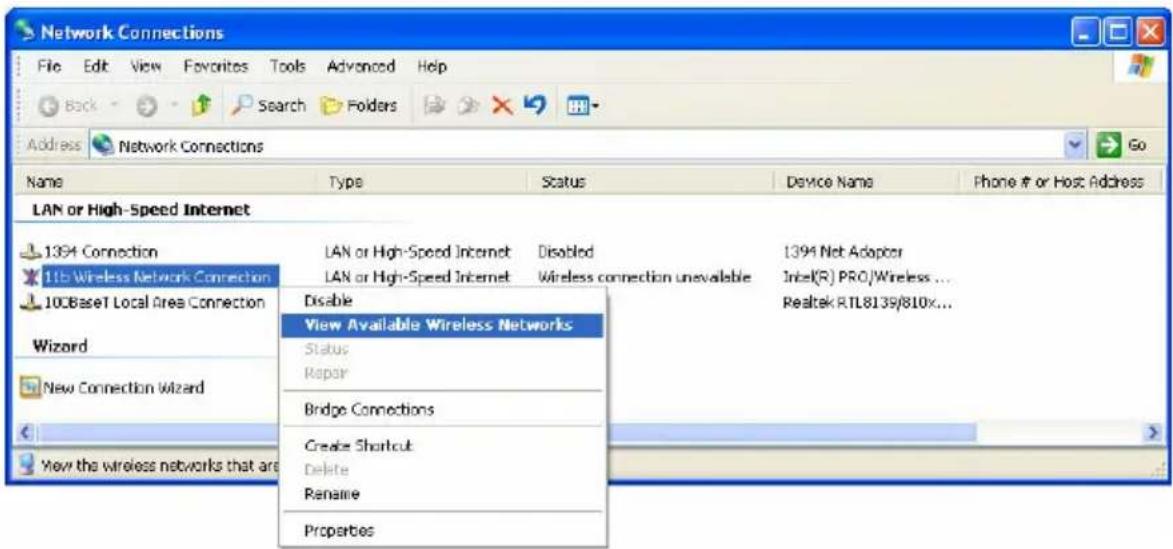 Network Connections File Edit View Favorites Tools Advanced Help Back Search Folders Address Network Connections Name Type Status Device Name Phone # or Host Address LAN or High-Speed Internet 1394 Connection LAN or High-Speed Internet Disabled 1394 Net Adapter 11b Wireless Network Connection LAN or…