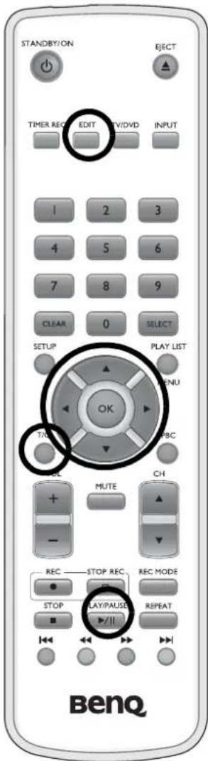 STANDBY/ON EJECT TIMER REC EDIT VIVDVD INPUT 1 2 3 4 5 6 7 8 9 CLEAR 0 SELECT SETUP PLAY LIST OK MENU TABP PBC OKL MUTE CH - REC STOP REC REC MODE STOP PLAY/PAUSE REPEAT ▶//II BenQ