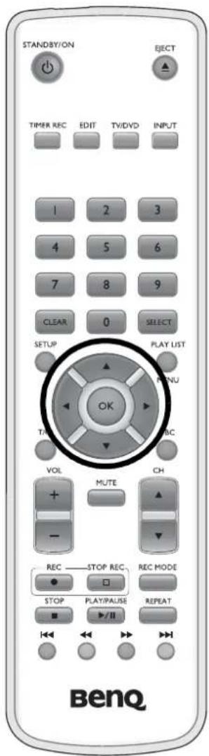 STANDBY/ON EJECT TIMER REC EDIT TV/DVD INPUT 1 2 3 4 5 6 7 8 9 CLEAR 0 SELECT SETUP PLAY LIST MENU OK T/R ABC VOL MUTE CH - REC STOP REC REC MODE STOP PLAY/PALUSE REPEAT ▶/II BenQ