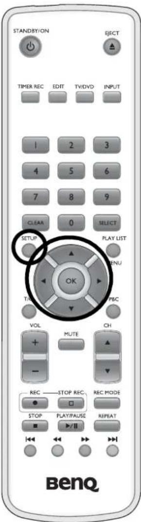 STANDBY/ON EJECT TIMER REC EDIT TV/DVD INPUT 1 2 3 4 5 6 7 8 9 CLEAA 0 SELECT SETUP PLAY LIST OK TAP PBC VOL MUTE CH - REC STOP REC REC MODE STOP PLAY/PAUSE REPEAT BenQ