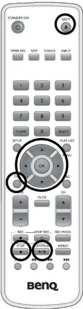 STANDBY/ON EJECT TIMER REC EDIT TV/DVD INPUT 1 2 3 4 5 6 7 8 9 CLEA 0 SELECT SETUP PLAY LIST OK TAY MUTE CH - - - REC STOP REC REC MODE STOP PLAY/FALSE REPEAT ▶/▶ BenQ