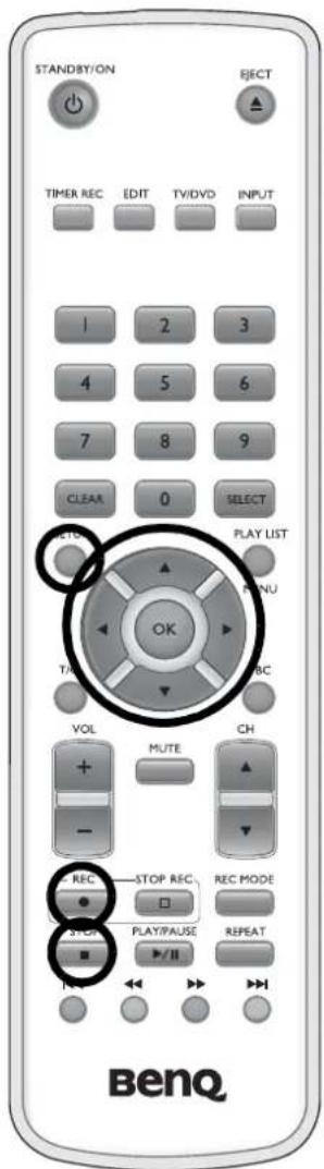 STANDBY/ON EJECT TIMER REC EDIT TV/DVD INPUT 1 2 3 4 5 6 7 8 9 CLEAR 0 SELECT SETT PLAY LIST OK MENU T/R VBC VOL MUTE CH + - REC STOP REC. REC MODE STOP PLAY/PAUSE REPEAT BENQ