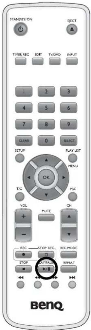 STANDBY/ON EJECT TIMER REC EDIT TV/DVD INPUT 1 2 3 4 5 6 7 8 9 CLAA 0 SELECT SETUP PLAY LIST T/C MENU VOL MUTE CH - REC STOP REC REC MODE STOP PLAY/PAU REPEAT //II BenQ