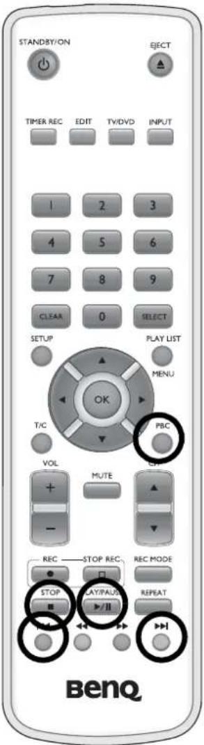 STANDBY/ON EJECT TIMER REC EDIT TV/DVD INPUT 1 2 3 4 5 6 7 8 9 CLEAR 0 SELECT SETUP PLAY LIST T/C MENU OK PBC VOL MUTE ON REC STOP REC REC MODE STOP PLAY/PAUSE REPEAT REPEAT BenQ