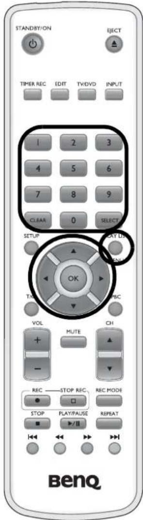 STANDBY/ON EJECT TIMER REC EDIT TV/DVD INPUT 1 2 3 4 5 6 7 8 9 CLEAR 0 SELECT SETUP PLAY US OK TIME PBC VOL MUTE CH REC STOP REC REC MODE STOP PLAY/PAUSE REPEAT BenQ