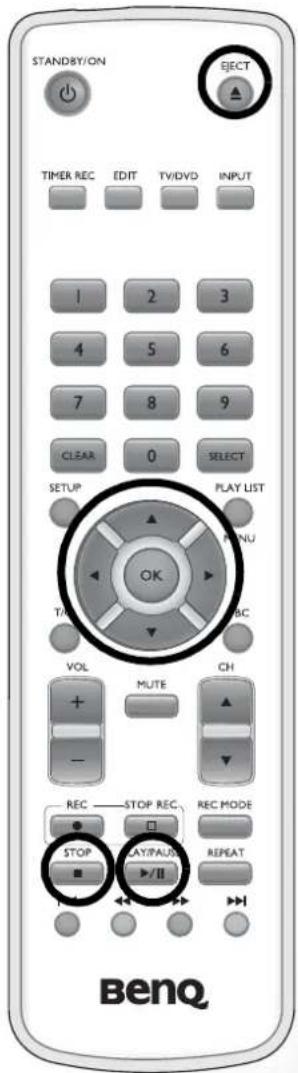 STANDBY/ON EJECT TIMER REC EDIT TV/DVD INPUT 1 2 3 4 5 6 7 8 9 CLEAR 0 SELECT SETUP PLAY LIST PENU OK T/R ABC VOL MUTE CH + - REC STOP REC REC MODE STOP LAT/PAUS REPEAT ▶/II BenQ