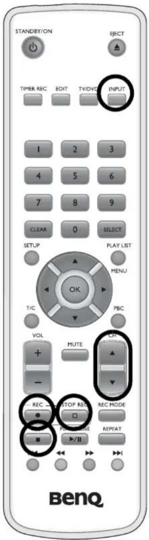 STANDBY/ON EJECT TIMER REC EDIT TV/DVD INPUT 1 2 3 4 5 6 7 8 9 CLEAR 0 SELECT SETUP PLAY LIST T/C MENU VOL MUTE CP REC STOP REC REC MODE REPEAT ▶/II BenQ