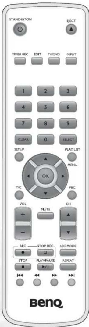 STANDBY/ON EJECT TIMER REC EDIT TV/DVD INPUT 1 2 3 4 5 6 7 8 9 CLEAR 0 SELECT SETUP PLAY LIST MENU OK T/C PBC VOL MUTE CH - REC STOP REC REC MODE STOP PLAY/PAUSE REPEAT BenQ