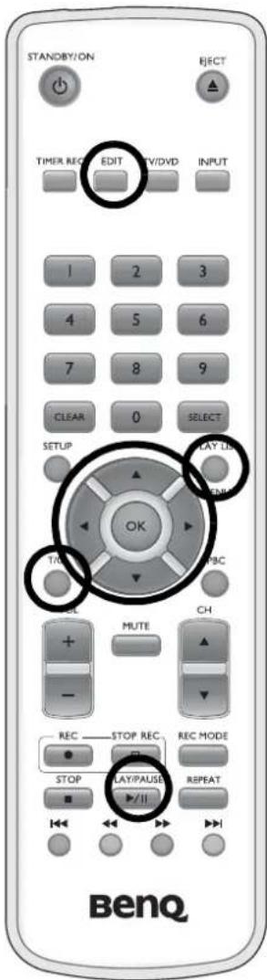 STANDBY/ON EJECT TIMER REC EDIT V/DVD INPUT 1 2 3 4 5 6 7 8 9 CLEAR 0 SELECT SETUP PLAY LUX OK TAX PBC + MUTE CH - REC STOP REC REC MODE STOP PLAY/PAUSE REPEAT ▶//II BenQ