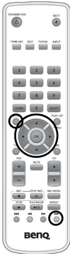 STANDBY/ON EJECT TIMER REC EDIT TV/DVD INPUT 1 2 3 4 5 6 7 8 9 CLEAR 0 SELECT START PLAY LIST OK TWO PUNU VOL ABC + MUTE CH - REC STOP REC REC MODE STOP PLAY/PAUSE REPEAT ▶/II ▶▶▶ Benq