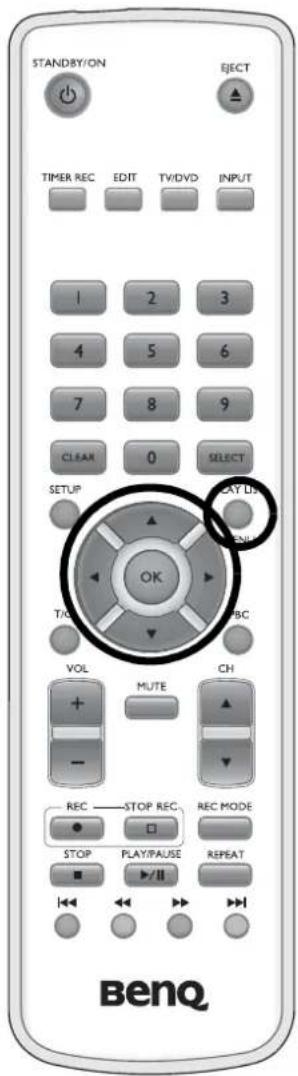 STANDBY/ON EJECT TIMER REC EDIT TV/DVD INPUT 1 2 3 4 5 6 7 8 9 CLEAR 0 SELECT SETUP OK T/O VOL MUTE CH - REC STOP REC REC MODE STOP PLAY/PAUSE REPEAT BenQ