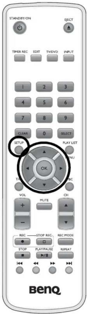 STANDBY/ON EJECT TIMER REC EDIT TV/DVD INPUT 1 2 3 4 5 6 7 8 9 CLEAR 0 SELECT SETUP PLAY LIST OK TAIN ABC VOL MUTE CH REC STOP REC REC MODE STOP PLAY/PAUSE REPEAT BenQ