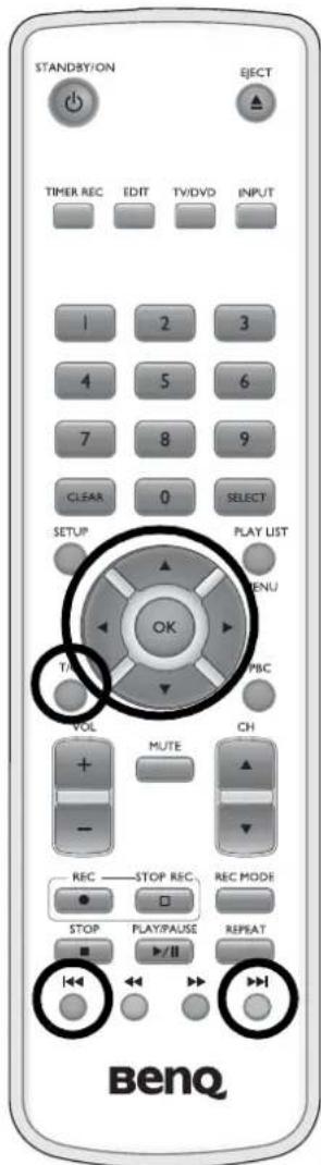 STANDBY/ON EJECT TIMER REC EDIT TV/DVD INPUT 1 2 3 4 5 6 7 8 9 CLEAR 0 SELECT SETUP PLAY LIST OK MENU T/R PBC VOL CH + MUTE ▲ - ▼ REC STOP REC REC MODE STOP PLAY/PAUSE REPEAT ■ / II BenQ