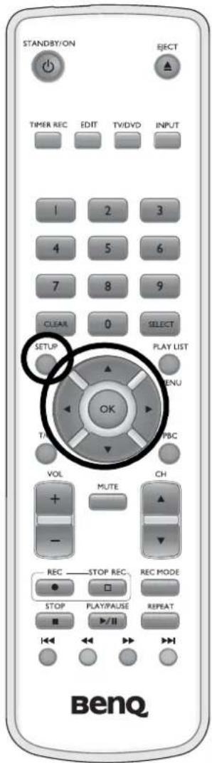 STANDBY/ON EJECT TIMER REC EDIT TV/DVD INPUT 1 2 3 4 5 6 7 8 9 CLEAR 0 SELECT SETUP PLAY LIST MENU OK T/I PBC VOL MUTE CH REC STOP REC REC MODE STOP PLAY/PAUSE REPEAT BenQ