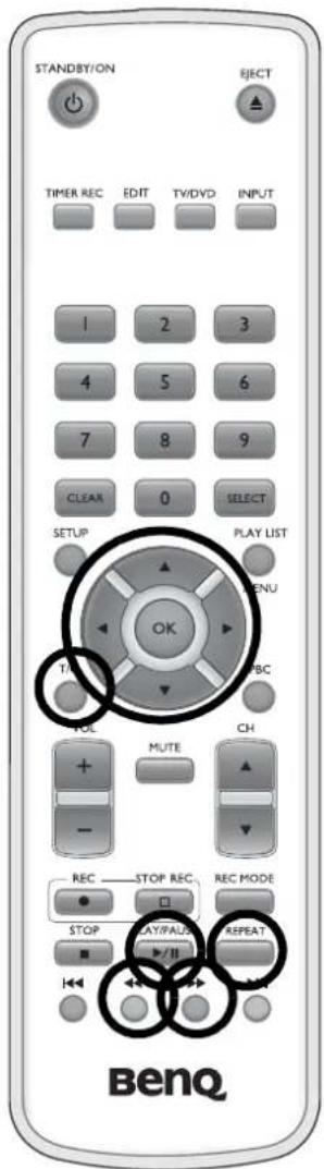 STANDBY/ON EJECT TIMER REC EDIT TV/DVD INPUT 1 2 3 4 5 6 7 8 9 CLEAR 0 SELECT SETUP PLAY LIST OK MENU 1/1 ABC VOL MUTE CH - REC STOP REC REC MODE STOP PLAY/PAUSE REPEAT BENQ