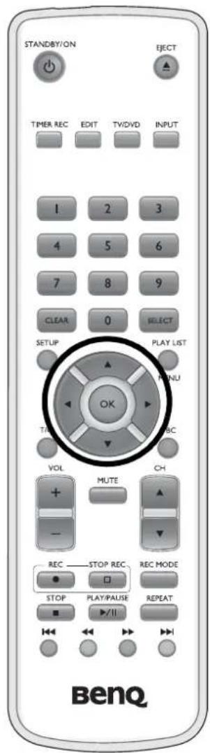 STANDBY/ON EJECT TIMER REC EDIT TV/DVD INPUT 1 2 3 4 5 6 7 8 9 CLEAR 0 SELECT SETUP PLAY LIST OK MENU TIP ABC VOL MUTE CH REC STOP REC REC MODE STOP PLAY/PAUSE REPEAT BenQ