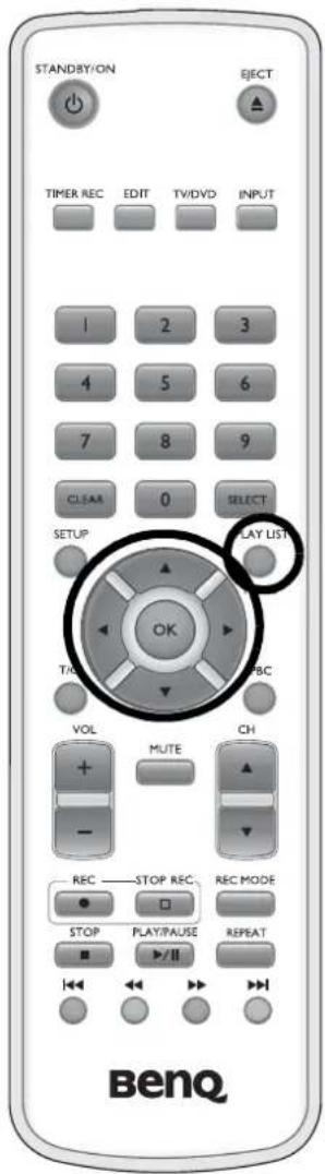 STANDBY/ON EJECT TIMER REC EDIT TV/DVD INPUT 1 2 3 4 5 6 7 8 9 CLEAR 0 SELECT SETUP LAY LIST OK TICK ABC VOL MUTE CH REC STOP REC REC MODE STOP PLAY/PAUSE REPEAT BenQ