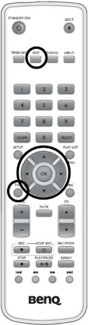 STANDBY/ON EJECT TIMER REC EDIT COVID INPUT 1 2 3 4 5 6 7 8 9 CLEAR 0 SELECT SETUP PLAY LIST TAC/MPB C + MUTE CH - REC STOP REC REC MODE STOP PLAY/PALUSE REPEAT BenQ