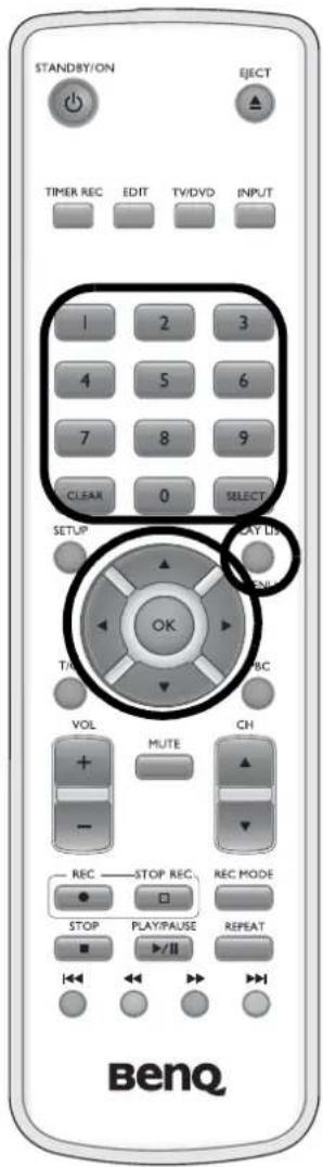 STANDBY/ON EJECT TIMER REC EDIT TV/DVD INPUT 1 2 3 4 5 6 7 8 9 CLEAR 0 SELECT SETUP OK PLAY LUX TICK VOL MUTE CH - REC STOP REC REC MODE STOP PLAY/PAUSE REPEAT BenQ