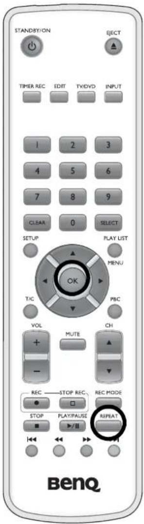 STANDBY/ON EJECT TIMER REC EDIT TV/DVD INPUT 1 2 3 4 5 6 7 8 9 CLEAA 0 SELECT SETUP PLAY LIST T/C MENU PBC VOL MUTE CH - REC STOP REC REC MODE STOP PLAY/PAUSE REPEAT BenQ
