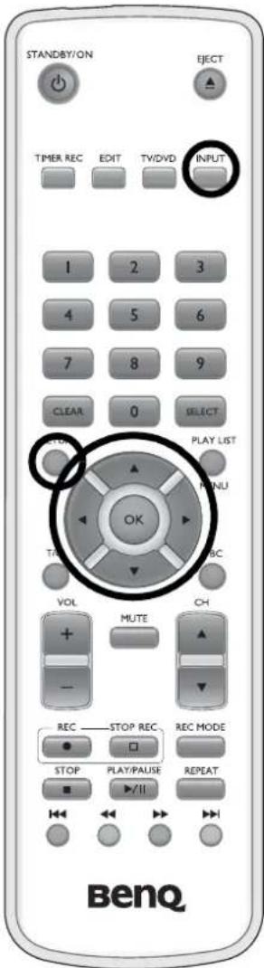 STANDBY/ON EJECT TIMER REC EDIT TWDVD INPUT 1 2 3 4 5 6 7 8 9 CLEAR 0 SELECT START PLAY LIST OK MENU TAX NBC VOL MUTE CH REC STOP REC REC MODE STOP PLAY/PAUSE REPEAT BenQ