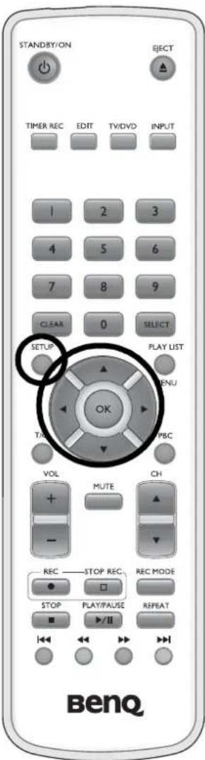 STANDBY/ON EJECT TIMER REC EDIT TV/DVD INPUT 1 2 3 4 5 6 7 8 9 CLEAA 0 SELECT SETUP PLAY LIST OK TAP PBC VOL CH + MUTE - REC STOP REC. REC MODE STOP PLAY/PAUSE REPEAT ■ ▶/II BenQ