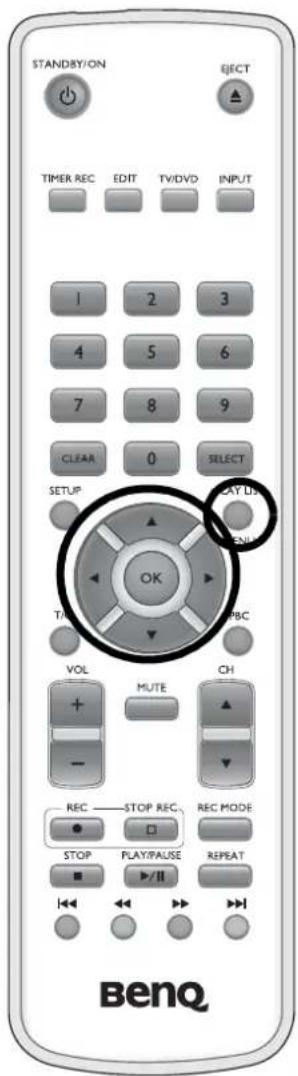 STANDBY/ON EJECT TIMER REC EDIT TV/DVD INPUT 1 2 3 4 5 6 7 8 9 CLEAR 0 SELECT SETUP OK PLAY LUX TUR ABC VOL MUTE CH REC STOP REC REC MODE STOP PLAY/PAUSE REPEAT BenQ