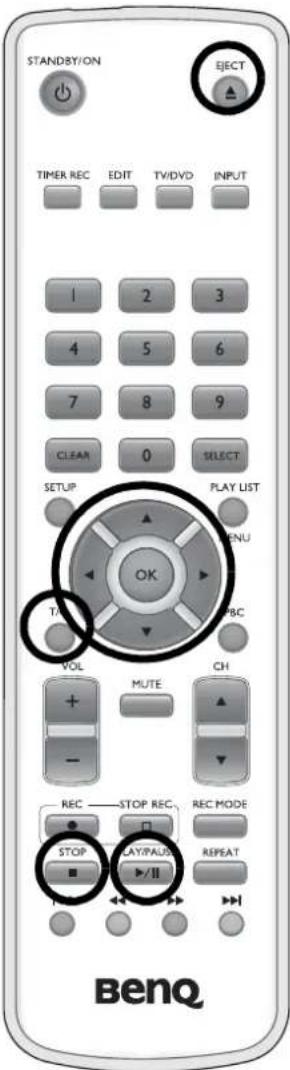 STANDBY/ON EJECT TIMER REC EDIT TV/DVD INPUT 1 2 3 4 5 6 7 8 9 CLEAR 0 SELECT SETUP PLAY LIST OK TARE PRC VOL MUTE CH - REC STOP REC REC MODE STOP PLAY/FAUSE REPEAT ▶/II BenQ