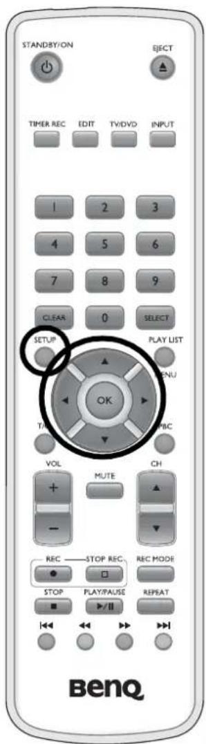 STANDBY/ON EJECT TIMER REC EDIT TV/DVD INPUT 1 2 3 4 5 6 7 8 9 CLEAS 0 SELECT SETUP PLAY LIST OK T/R ABC VOL MUTE CH REC STOP REC REC MODE STOP PLAY/PAUSE REPEAT BenQ