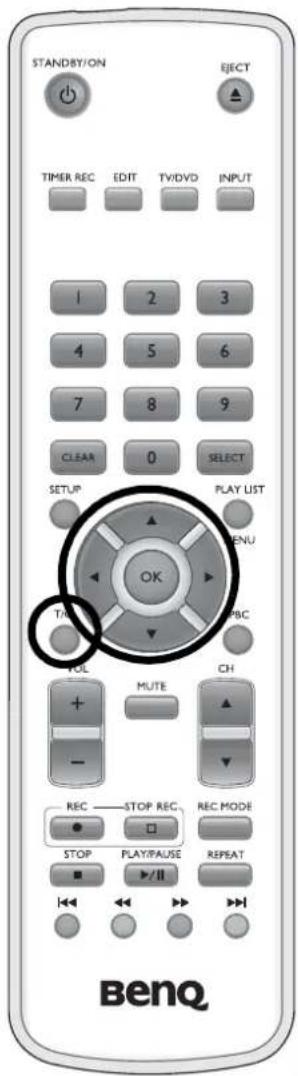 STAND/BY/ON EJECT TIMER REC EDIT TV/DVD INPUT 1 2 3 4 5 6 7 8 9 CLEAR 0 SELECT SETUP PLAY LIST OK T/R PBC VOL MUTE CH REC STOP REC REC MODE STOP PLAY/PAUSE REPEAT BenQ